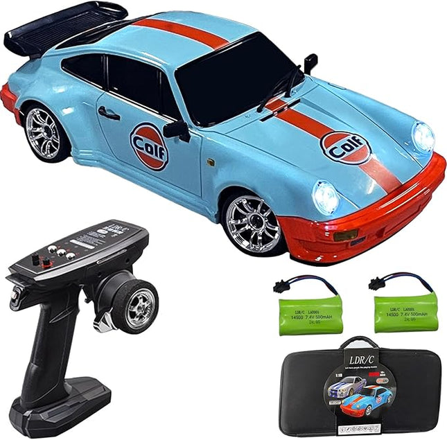 LDRC 1898 1:18 RC Drift Car 911 2.4GHz RWD with Gyroscope on-Road Alloy Body Shell Racing Cars Radio Control (Blue)