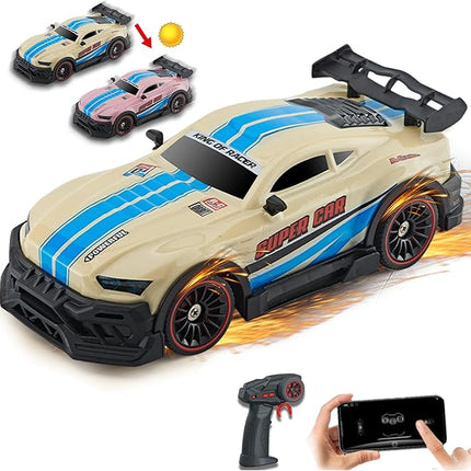 Color-Changing Remote Control Car with Dual Control, 6-Channel 2.4GHz RC Drift Cars with Lights, 2 Tire Sets & 4 Cones, High Speed Racing Toy for Boys, Birthday Gifts for Kids (B: Yellow-Pink)