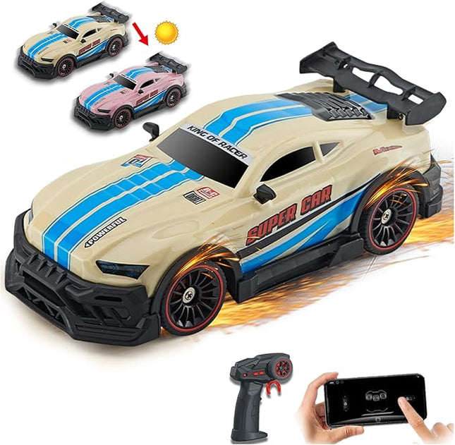Color-Changing Remote Control Car with Dual Control, 6-Channel 2.4GHz RC Drift Cars with Lights, 2 Tire Sets & 4 Cones, High Speed Racing Toy for Boys, Birthday Gifts for Kids (B: Yellow-Pink)