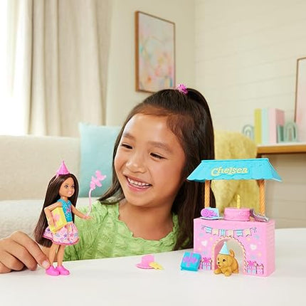 Barbie Family & Friends Club Chelsea Surprise Birthday Party Playset with Chelsea Small Doll (Brunette), Transforming Doghouse & 10+ Accessories