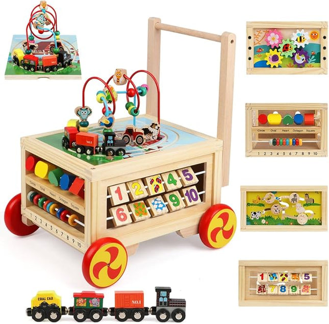 Wooden Activity Cube 7-in-1 Montessori Toys for 1+ Year Old Boys Girls Educational Learning Toys for Toddlers Age 1-2 One Year Old First Birthday Gift Bead Maze Magnetic Trains Track Shape Sorter