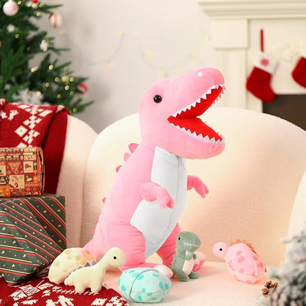 MorisMos Dinosaur Stuffed Animal with Babies,23.6'' Big Mommy Stuffed Dino T-rex with 3 Baby Dino Stuffed Toys & 3 Eggs Plush Inside Belly, Boy Girl Dinosaur Toys for Kids 3-5, Pink T-rex Toys Gift