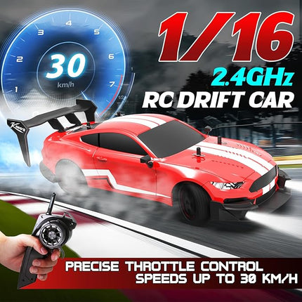 Remote Control Car RC Drift Car 1:16 Scale 4WD RC Vehicle with LED Lights 2.4GHz 30km/h RTR High Speed Racing Sport Toy for Adults Boys Girls Kids Gift 2Pcs Rechargeable Battery