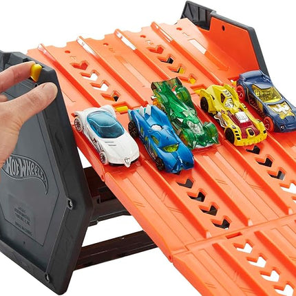 Hot Wheels Track Builder Action, Roll Out Raceway, Track Set with 5 Lane Racetrack and Toy Storage Bucket, Includes 1 Toy Car, Toys for Ages 4 to 10, One Pack, HGK41