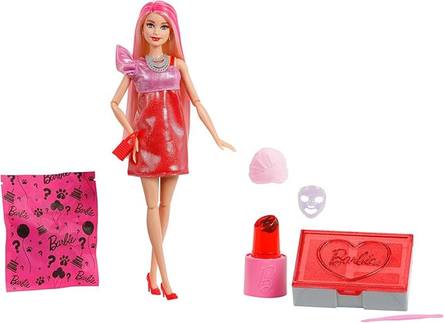 Barbie Party Unboxed Doll & Accessories, Glam Party Series with 10 Surprises Including Color-Change, Red Sparkle Doll