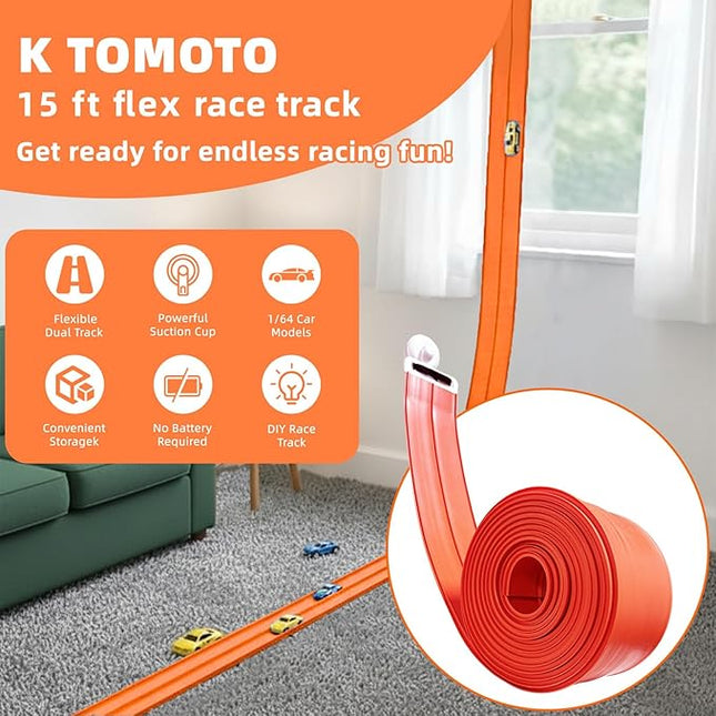 K TOMOTO Flexible Race Car Track 15 Ft, Portable Roll-Up Racetrack Compatible with Hot Wheels & 1/64 Diecast Cars | for Racing Fans Birthday Christmas Gifts with Suction Cup, Orange