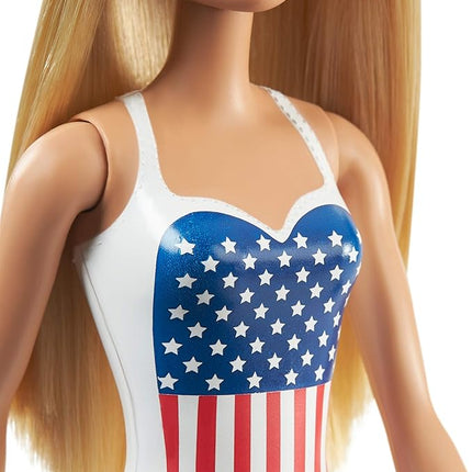 Barbie GPB17 Beach Blonde Doll One-Piece Swimsuit with American Flag Inspired Design for Children Toy