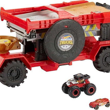 Hot Wheels Monster Trucks Playset, Toy Truck & Car, Down Hill Race & Go with 1:64 Scale Bone Shaker & 1:64 Scale Vehicle
