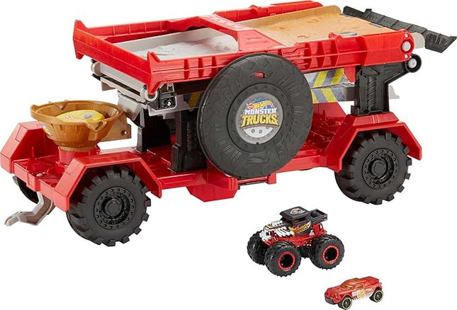 Hot Wheels Monster Trucks Playset, Toy Truck & Car, Down Hill Race & Go with 1:64 Scale Bone Shaker & 1:64 Scale Vehicle