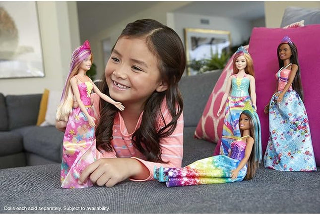 Barbie Dreamtopia Royal Fashion Doll & Accessory, Brunette with Pink Hairstreak Wearing Removable Blue Skirt & Headband