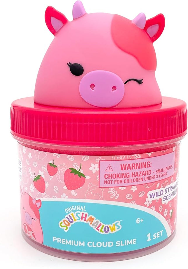 Original Squishmallows Calynda The Cow Premium Cloud Slime, Strawberry Scent, 8 oz. Jar Storage Container with Figurine Topper, Rubber Charm, Goodie Bags Stuffers, Kids Party Favors, Sensory Toys