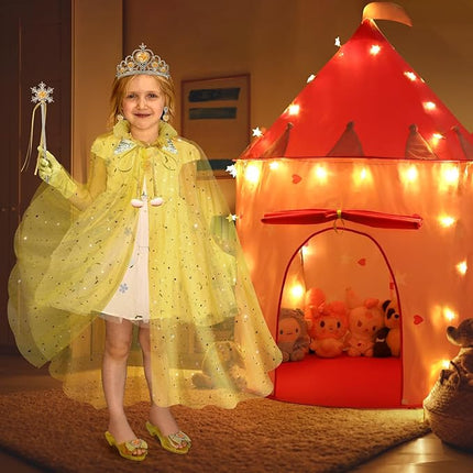 WTOR 15Pcs Princess Castle Play Tent Dress Up with LED Glow in The Dark Stars for Little Girls－Princess Dress Up Cape with Crown,Girl Play Tent/House Toy for Indoor & Outdoor Use (Yellow)