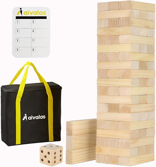 Aivalas Medium Tumble Tower 60PCS Wooden Block Stacking Yard Games with Carrying Bag Indoor & Outdoor Game for Kids and Adults Party Games for Backyard Lawn Beach Camping (Over 3.2 Ft)