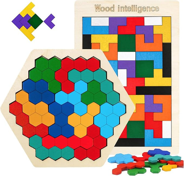 Wooden Puzzles Blocks Brain Teasers Logic Games for Classroom & Party Times,Jigsaw Puzzle Intelligence STEM Montessori Educatioanl IQ Toys Games for Kids Boys Girls Ages 3+ (2 Pack)