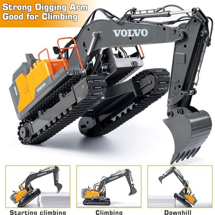 DOUBLE E Volvo RC Excavator 17 Channel 3 in 1 Construction Toys, 17 Channel Remote Control Vehicles Tractor Sandbox Toys Digger with Metal Shovel Drill Grab RC Truck for Kids Adults