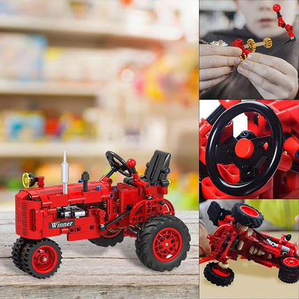 Classic Building Blocks 1/12 Red Tractor Farm Toy Building Set Gift for Kids Ages 6 7 8 9 10 11 12 Includes Shifting Structure, Steering Structure Features (Classic Edition)