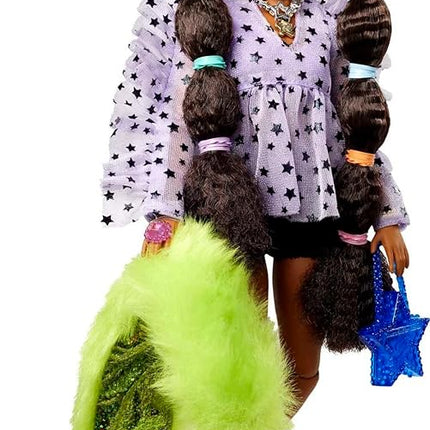 Barbie Extra Doll & Accessories with Long Pigtails & Rainbow Hair Ties in Shorts & Furry Shrug with Pet Pomeranian