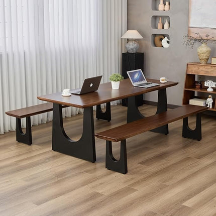 Walnut Color Long Bench Solid Wood Top Metal Legs U-Shaped Design Durable Sturdy Dining Bench Ideal for Office Home Restaurant Patio Multiple (Bench, 55.12in)