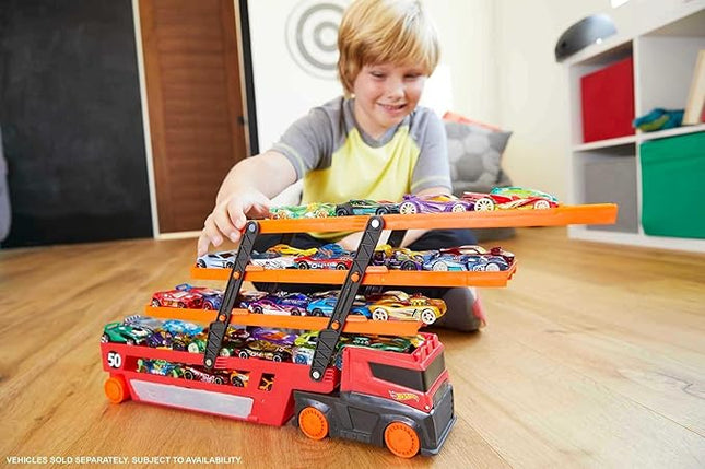 Hot Wheels Toy Car Track Set, Mega Hauler with 6 Expandable Levels, Storage for Up to 50 1:64 Scale Vehicles, Connects to Other Sets & Tracks