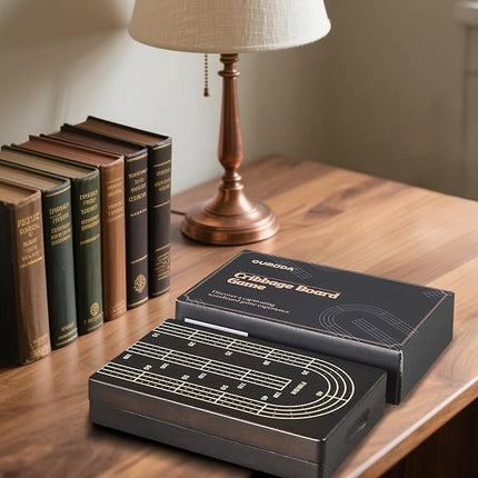 15.5'' Cribbage Board Game Set with Magnetic Lock, Folding Wooden Continuous 3 Track Scoreboard with Large Slots for Storing 1 Playing Cards and 9 Metal Pegs, Travel Game for Family Kid Adult