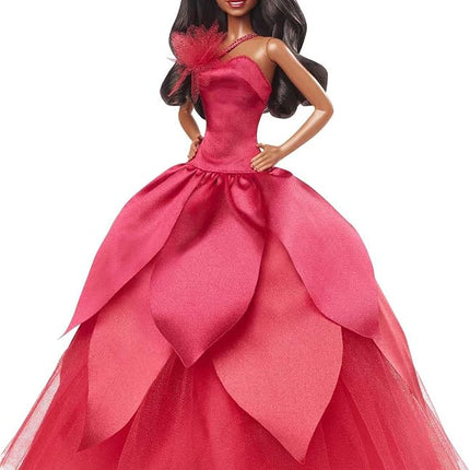 Barbie Signature 2022 Holiday Doll, Dark-Brown Wavy Hair Wearing Red Poinsettia-Inspired Gown, Collectible with Doll Stand & Certificate of Authenticity