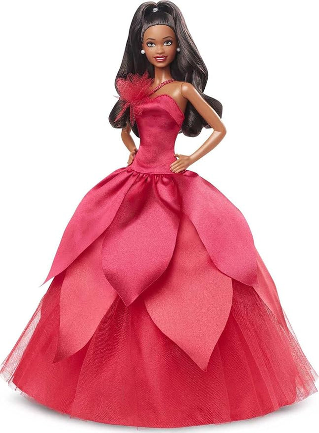 Barbie Signature 2022 Holiday Doll, Dark-Brown Wavy Hair Wearing Red Poinsettia-Inspired Gown, Collectible with Doll Stand & Certificate of Authenticity