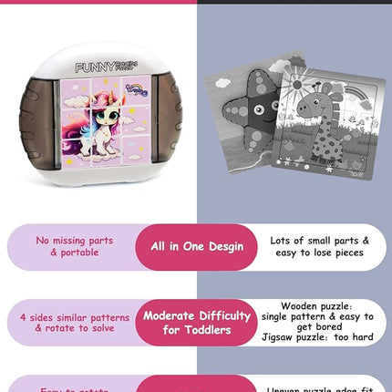 Rotating 3D Puzzle for Kids 3 4 5 6 7 Year Old, 4 Puzzles in 1, Handheld Game Fidget Toys for Travel, Cars & Plane, Fine Motor Skills Developing (Magical Unicorn Squad)