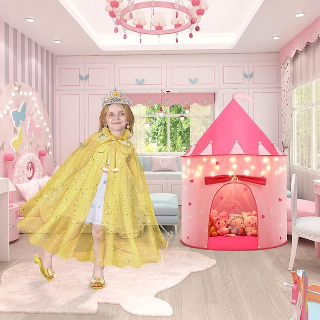 WTOR 15Pcs Princess Castle Play Tent Dress Up with LED Glow in The Dark Stars for Little Girls－Princess Dress Up Cape with Crown,Girl Play Tent/House Toy for Indoor & Outdoor Use (Yellow)