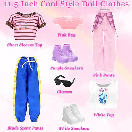 24 PCS Doll Clothes & Accessories 8 Set Clothing Includes Sport Outfit, Hooded Dress, Sportsuits, Skirt, with 8 Pairs of Shoes, 8 Accessories for 11.5 Inch Girl Dolls Cool Style Set