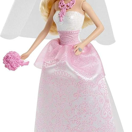 Barbie Bridal Fashion Doll Clothes & Accessories Set, Blonde Bride in Fantasy-Inspired White & Pink Wedding Dress with Ring, Veil & Bouquet
