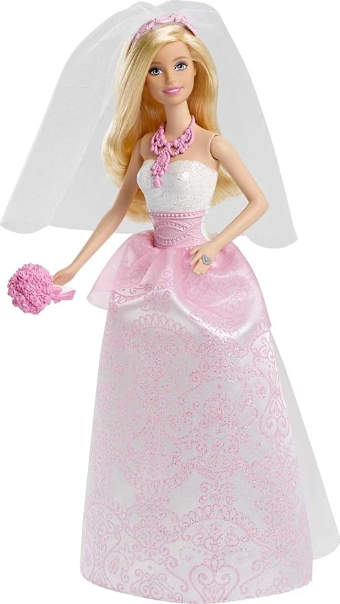 Barbie Bridal Fashion Doll Clothes & Accessories Set, Blonde Bride in Fantasy-Inspired White & Pink Wedding Dress with Ring, Veil & Bouquet