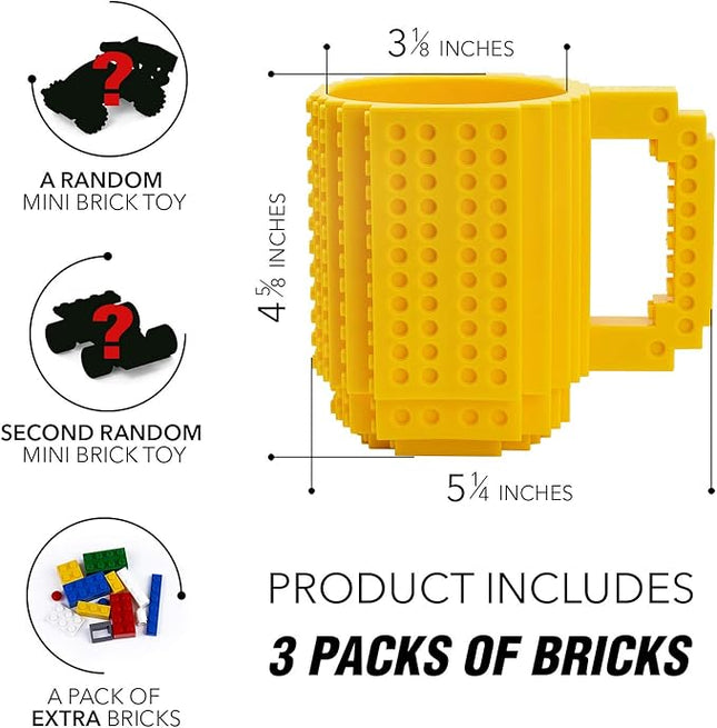 TOYAMBA Build-on Brick Mug with 3 Packs of Building Blocks Compatible with Major Brands, BPA-Free Plastic Funny Coffee Mug for Men/Women, Funny Cups for Kids 16OZ (Yellow)