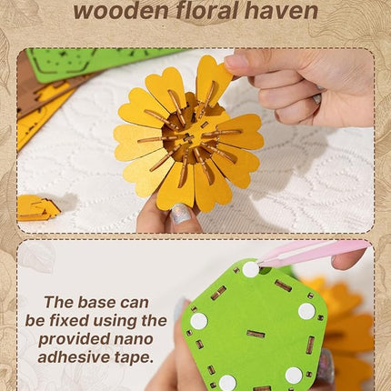 3D Flower Wooden Puzzles for Adults-Sunflower, Wooden Flowers Model Kit Set DIY Crafts to Build, Mother's Day/Botanical Collection/Ideal Creative Gift Ideas/Housewarming