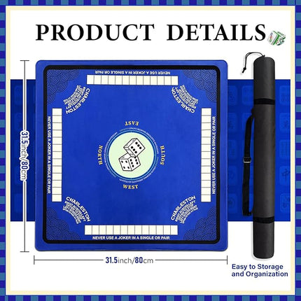 Mahjong Mat for Table with Anti Slip and Noise Reduction, 31.5" x 31.5" Game Mat with Carrying Bag for Poker, Card, Board & Tile Games(Blue)