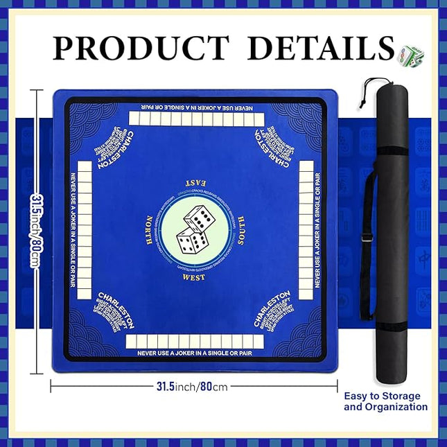 Mahjong Mat for Table with Anti Slip and Noise Reduction, 31.5" x 31.5" Game Mat with Carrying Bag for Poker, Card, Board & Tile Games(Blue)