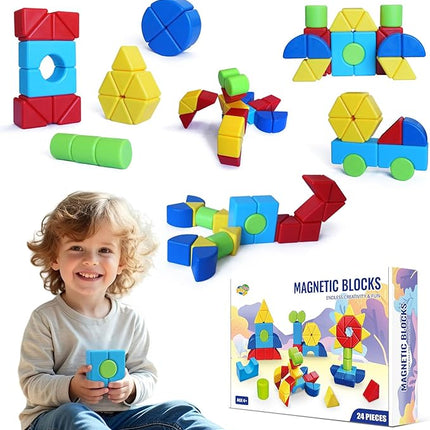 Assorted Shapes Magnetic Building Blocks, 1.65-Inch Large Magnetic Block Set for Toddlers Ages 4+, 24PCS Educational Construction Kit for Boys and Girls