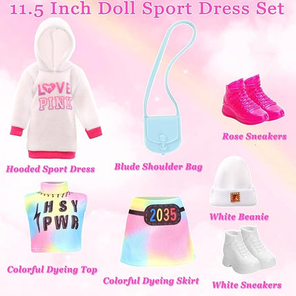 24 PCS Doll Clothes & Accessories 8 Set Clothing Includes Sport Outfit, Hooded Dress, Sportsuits, Skirt, with 8 Pairs of Shoes, 8 Accessories for 11.5 Inch Girl Dolls Cool Style Set