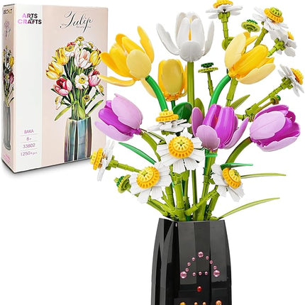Building Block Flower Bouquet Set, 1250 Pieces, Artificial Tulips and Daisies with Vase, Home Decor Gift
