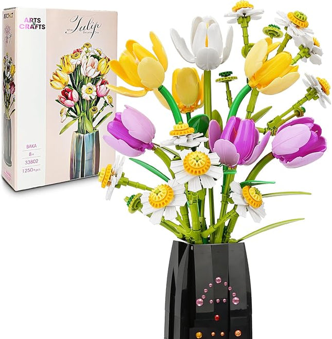 Building Block Flower Bouquet Set, 1250 Pieces, Artificial Tulips and Daisies with Vase, Home Decor Gift