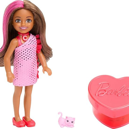 Barbie Party Unboxed Chelsea Doll Set, Glam Party Series with 6 Surprises Including Pet & Color Change (Styles May Vary)