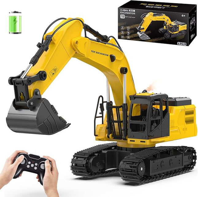 1:18 Remote Control Excavator Construction Toys for Boys, [2025 Upgraded] 2.4GHz RC Excavator Toy with Metal Shovel for Boys 6+ Kids Birthday, Dual Batteries/100+Mins/Spray/Sound/Light/11-Channel
