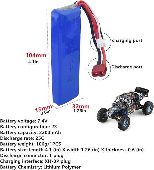 Fytoo 2PCS 7.4V 2200mah Lithium Battery with 2 in 1 Charger for WLtoys K949 10428 10428-A L202 RC high-Speed Remote Control car