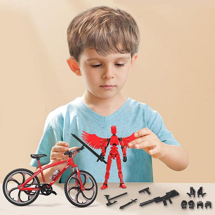 (Assembly Completed) T13 Action Figures, 6.3 Inch Big Dummy 13 Mountain Die-cast Mini Bike Model with Multi-Jointed Movable Lucky 13 Robot Toys Set(Red)
