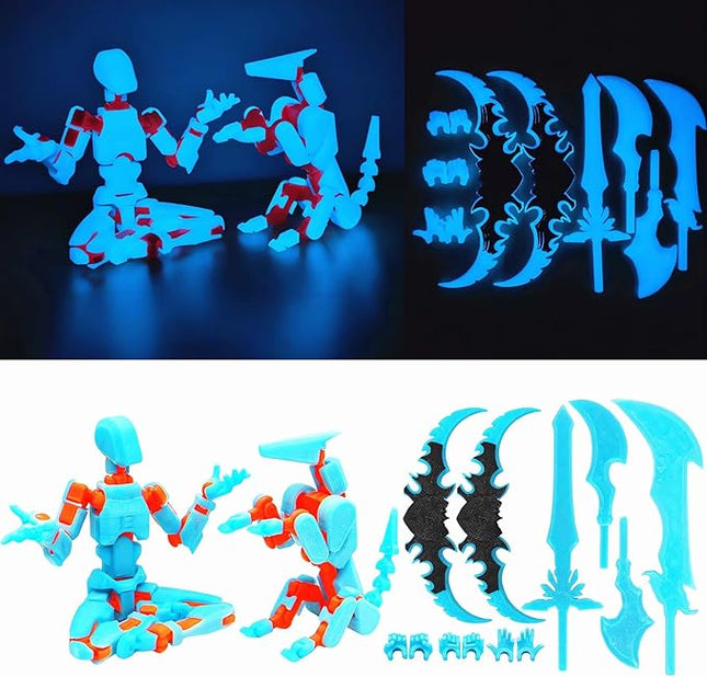 T13 Action Figures (Grow in The Dark Blue) Titan 13 Action Figures T13 3D Action Figure Set Already Assembled Dummy 13 Nova T-13 Robot 3D Printed Multi-Jointed Movable Toy (Blue Orange + Dog)