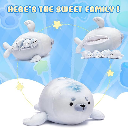 IKASA Mommy Seal Stuffed Animal Mom and Baby Plush Toy, Cute 16" Soft Small Mama Family Set Cuddly Toys with Little Mini Babies,Gifts for Kids