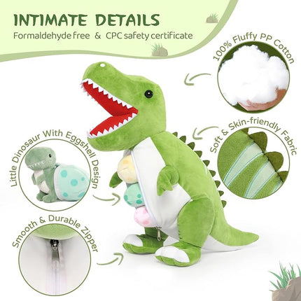 MorisMos Dinosaur Stuffed Animal with Babies,23.6'' Big T-Rex Mommy Stuffed Dinosaur with 3 Baby Dino Plush Toys, 3 Eggs,Boy Girl Dino Toys for Kid Birthday Christmas,Green T-rex