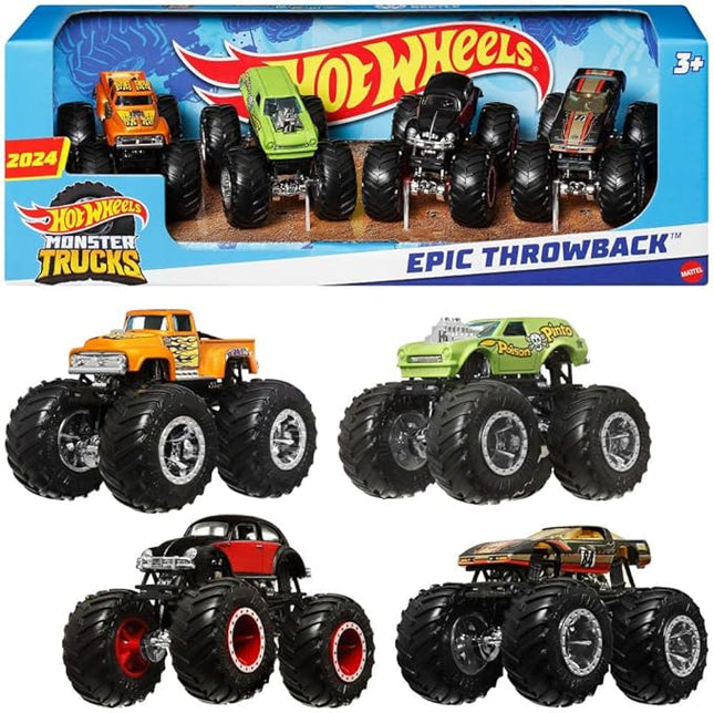 Hot Wheels Monster Trucks, 1:64 Scale Monster Trucks Toy Trucks, Set of 4, Giant Wheels, Favorite Characters and Cool Designs