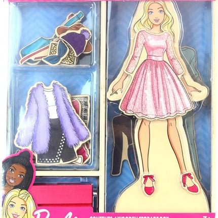 Barbie Magnetic Wooden Dress Up Toy – Pretend Play Set with Wooden Barbie Doll, Mix & Match Outfits & Storage Box – Educational Magnetic Toy for Girls Ages 3+