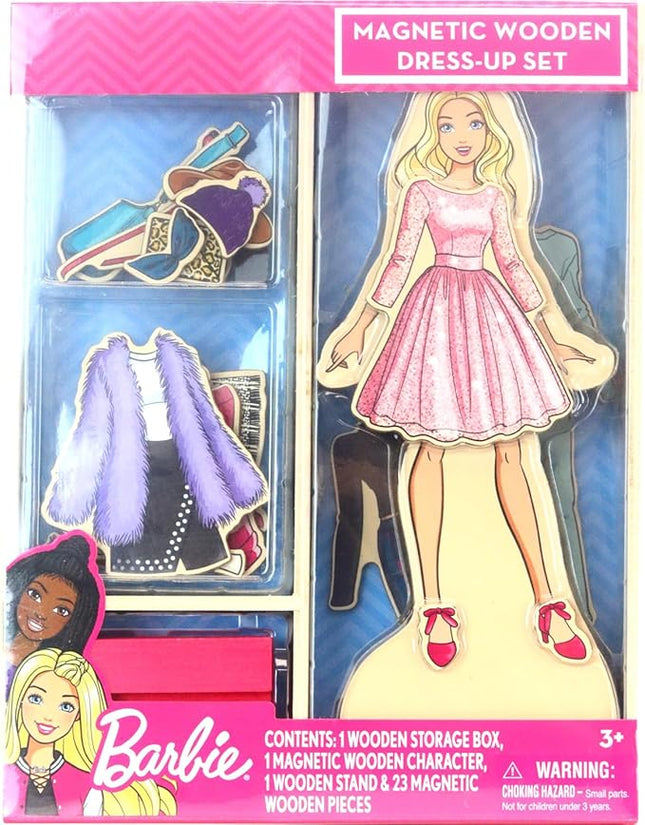 Barbie Magnetic Wooden Dress Up Toy – Pretend Play Set with Wooden Barbie Doll, Mix & Match Outfits & Storage Box – Educational Magnetic Toy for Girls Ages 3+