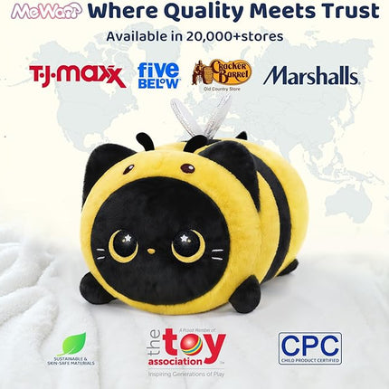 Mewaii Cute Black Cat Bee Plush Pillow, Kawaii Plushies Bee Stuffed Toy, Kitten Plushies with Honeybee Outfit Costume, Soft Squishy Bee Gift for Girls & Kids (8 Inch)